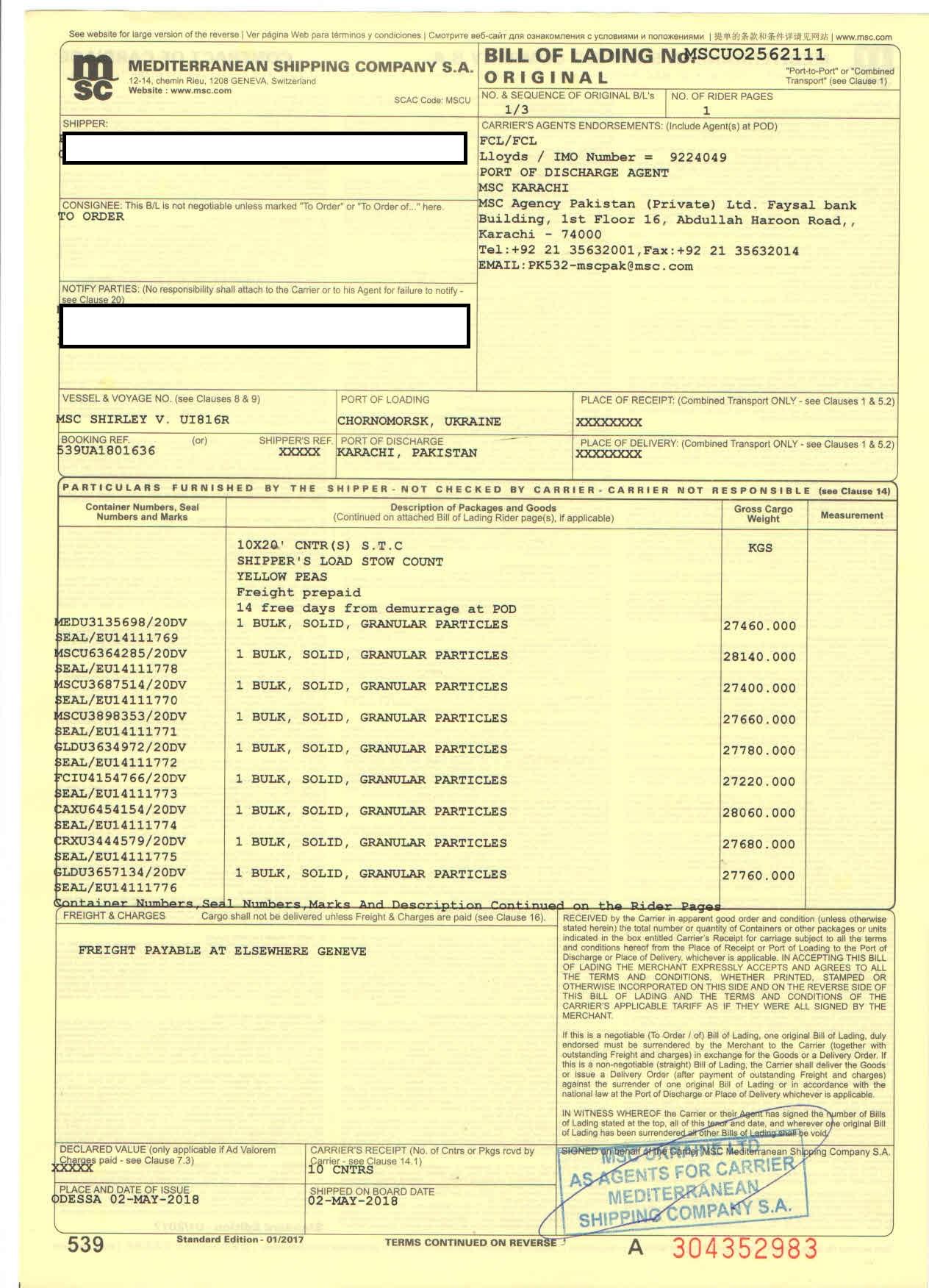 BILL OF LADING