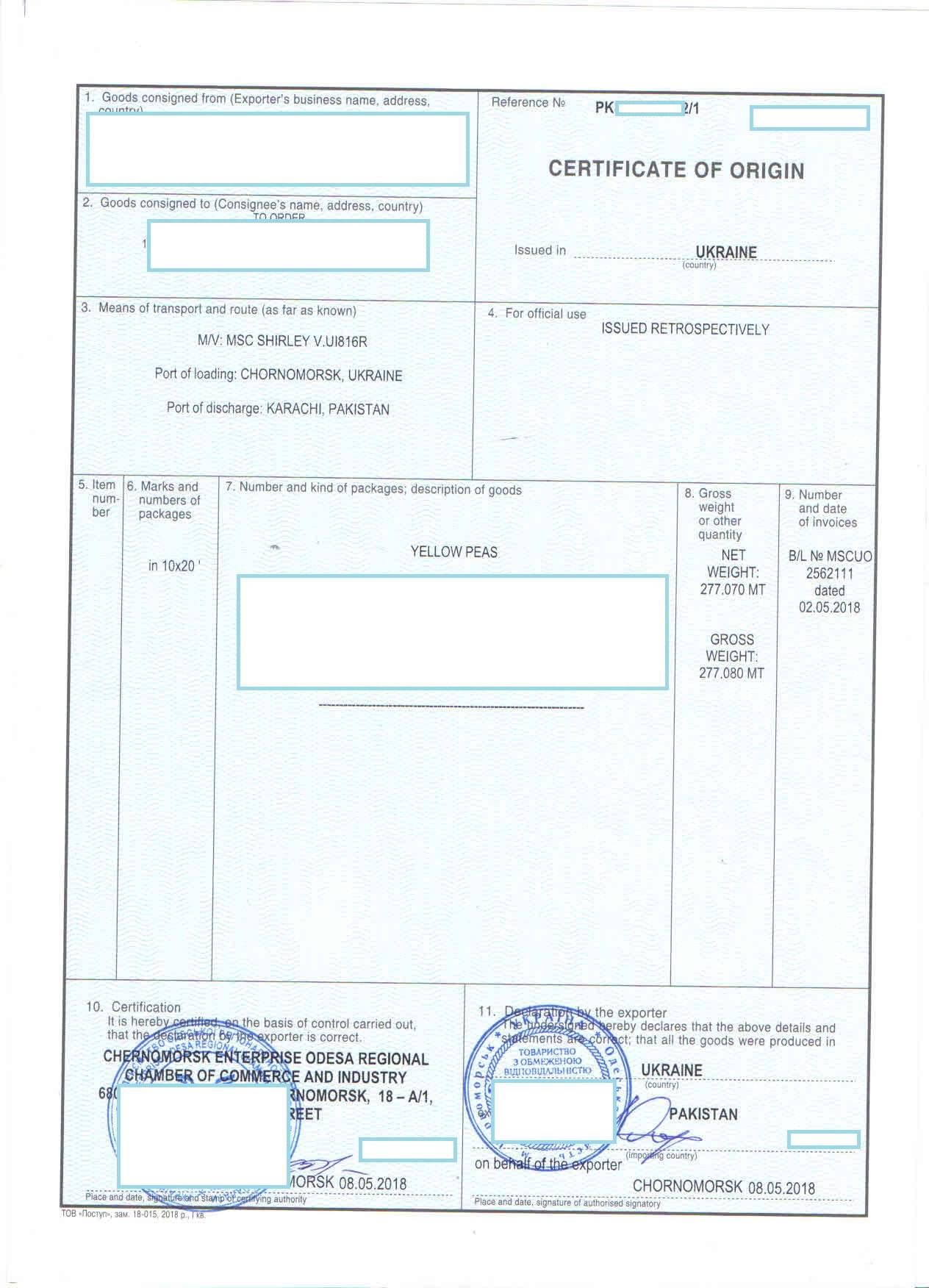 CERTIFICATE OF ORIGIN